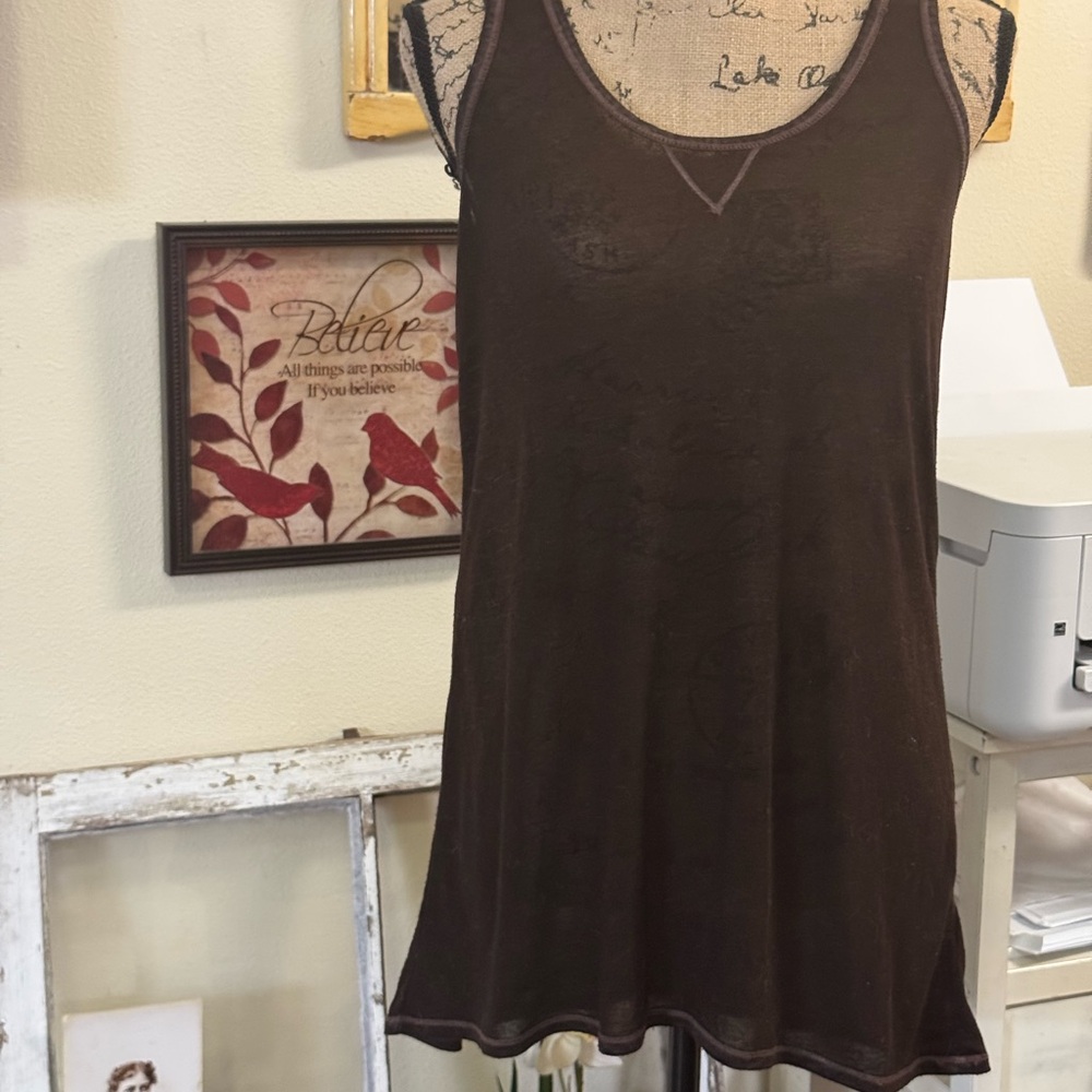 EUC Half sheer, dark brown, razorback tank top. Long and a little flowy. Size S.